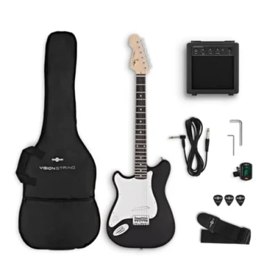 Abbildung von VISIONSTRING Linkshänder 3/4 E Gitarre Starter Pack mit Verstärker und Zubehör, schwarz