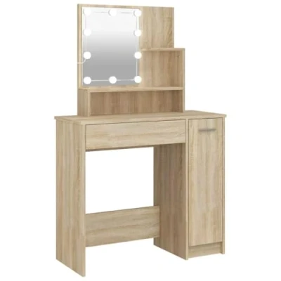 Abbildung von vidaXL Schminktisch mit LED Stauraum Frisiertisch Kommode Frisierkommode Kosmetiktisch Spiegel Beleuchtung Schlafzimmer Sonoma Eiche 86,5x35x136cm