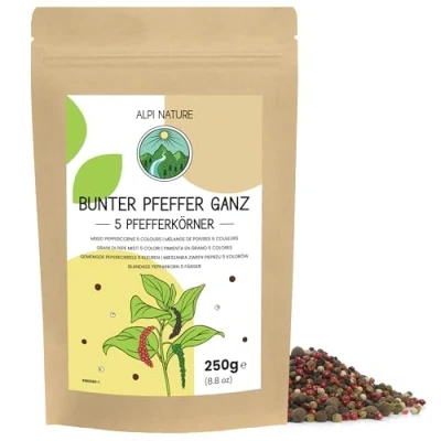 Abbildung von Bunter Pfeffer Ganz mit Piment 250g von Alpi Nature, 5 Pfefferkörner Gewürzmischung aus schwarzer Pfeffer, weißer grüner rosa und Pimentkörner, bunt