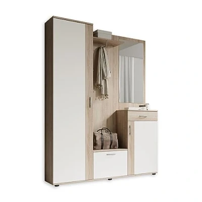 Abbildung von Stella Trading PATENT Flurgarderoben Set in Sonoma Eiche Optik, Weiß Stylishe Kompaktgarderobe mit Spiegel für Ihren Eingangsbereich 145 x 184 29 cm (B/H/T), Braun