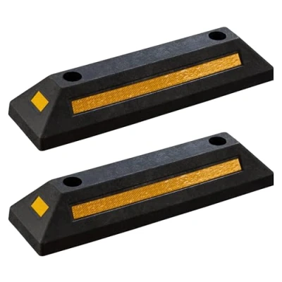 Abbildung von Wiltec Radstopper 56 x 15 10 cm, 2x Einparkhilfe aus Gummi, Parkplatzbegrenzung mit gelben Reflexionsstreifen &amp; Schraubrillen, Parkplatzsperre für Garage