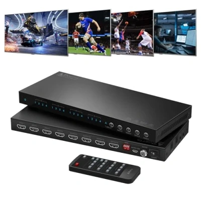 Abbildung von 4x4 HDMI Matrix 4K 60Hz, PORTTA 4 in Out Switch Splitter mit ARC, Toslink 3.5mm Audio Extractor, 16 EDID Modes, Downscale, und IR Fernbedienung Unterstützung 2.0b, HDCP 2.3/2.2, HDR, 18Gbps