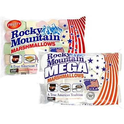 Abbildung von Rocky Mountain Marshmallows Probierset Fruity &amp; Mega, bunte traditionell Amerikanische Süßigkeiten zum Rösten am Lagerfeuer, Grillen oder Backen, Fruchtgeschmack, (1x300g, 1x340g)