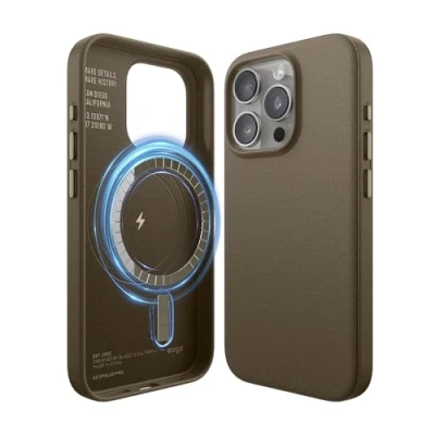 Abbildung von elago Magnetische Lederhülle Kompatibel mit iPhone 15 Pro Hülle, MagSafe, Premium Veganes PU Leder, Integrierte Starke Magnete, Rundumschutz [5 Lagen Struktur] (Braun)