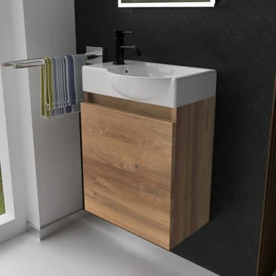 Abbildung von Alpenberger Waschbecken mit Unterschrank Kleines Gäste WC Möbel Waschbeckenunterschrank 45 cm Breit Waschtischunterschrank Badschrank Hängend Waschtisch Set Bamboo