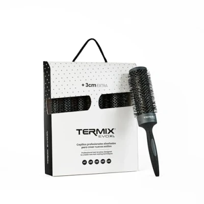 Abbildung von Termix Evolution XL. Thermische Rundhaarbürste mit 3 cm längerem Keramikrohr für langes Haar. Reduziert dank seiner ionisierten Fasern und des Anti Haft Rohrs die Trocknungszeit. Set 5 Bürsten.