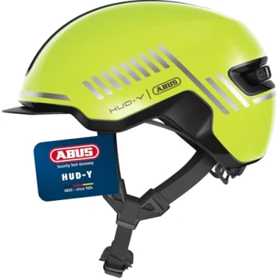 Abbildung von ABUS Urban Helm HUD Y mit magnetischem, aufladbarem LED Rücklicht &amp; Magnetverschluss cooler Fahrradhelm für den Alltag Damen und Herren Gelb Glänzend, Größe M