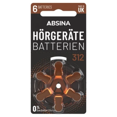 Abbildung von ABSINA Hörgerätebatterien 312 6 Stück mit gut greifbarer Schutzfolie Batterien für Hörgeräte Zink Luft 1,45V Typ Batterie Braun PR41 ZL3 P312
