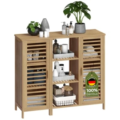 Abbildung von Bellamio Badschrank Newa mit 9 Fächern, Badezimmerschrank schmal 2 Türen, Aufbewahrungsschrank Badezimmermöbel aus Bambus lackiert, Standregal Regal Maße 85x66x33 cm
