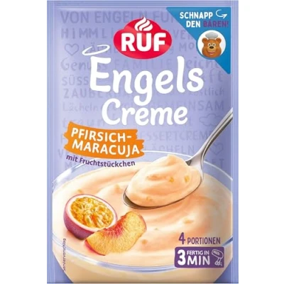 Abbildung von RUF Engels Creme Pfirsich Maracuja, Dessertpulver für eine Dessertcreme mit Fruchtstückchen und dem fruchtig frischem Geschmack von 4 Portionen
