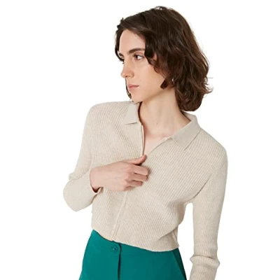 Abbildung von Trendyol Damen Knitwear With Beige Crop Zipper Cardigan Sweater, Beige, S EU