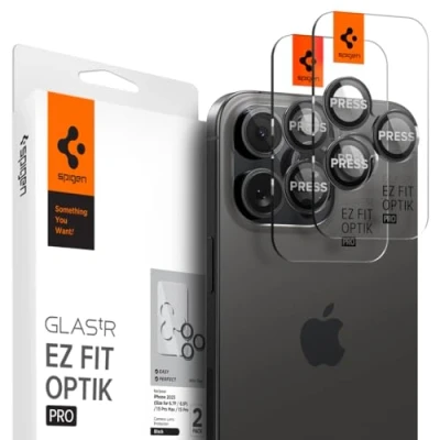 Abbildung von Spigen Glas.tR EZ Fit Optik Pro Kameraschutz kompatibel mit iPhone 15 Pro, Max, 14 2 Stück, Schwarz, Individuelle Kameraprotektion, Anti Kratzer