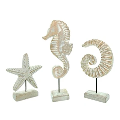 Abbildung von Holz Skulptur weiß braun Dekofigur Tisch Deko Maritim Mediterran Meeresdeko 3er Set Seepferd, Muschel und Seesternchen