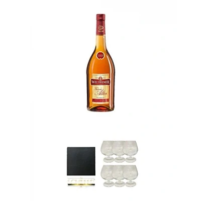 Abbildung von Wilthener Weinbrand VSOP feiner alter 0,7 Liter + Schiefer Glasuntersetzer eckig ca. 9,5 cm Durchmesser Glas 6 Stück