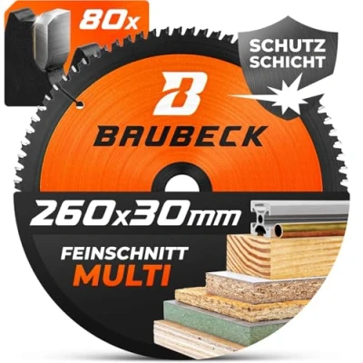 Abbildung von BAUBECK Sägeblatt 260x30 Multi Material Feinschnitt Kreissägeblatt 260 x 30 für Holz, Aluminium, Metall uvm. kompatibel mit Bosch, Festool