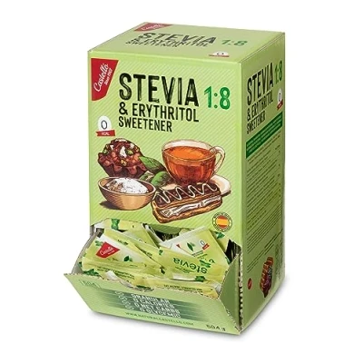 Abbildung von Stevia + Erythrit 1:8 Süßstoff 504 Beutel mit 1 g 100% Natürlicher Zuckerersatz 0 Kalorien Glykämischer Index Keto und Paleo Kohlenhydrate Kein GVO Castello since 1907