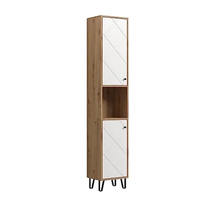 Abbildung von trendteam Hochschrank Highboard Regal Badschrank Badzimmermöbel Weiß/Eiche 36x191x29cm