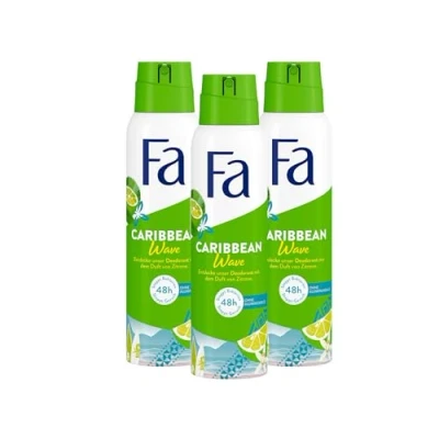 Abbildung von Fa Deospray Caribbean Wave (3x 150 ml), Deo mit dem exotisch frischen Duft der Zitrone, ohne Aluminium für bis zu 48 h Schutz, hinterlässt keine Rückstände auf Kleidung