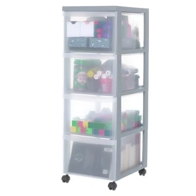 Abbildung von Iris Ohyama Kunststoff Schubladenbox mit Rollen, 4 tiefen Schubladen, Grau, Griffe zum Ziehen, Für Schlafzimmer, Bad, Schule &amp; Büro, BPA frei, Schubladenschrank, Rollcontainer, A4 Drawer, DC 304