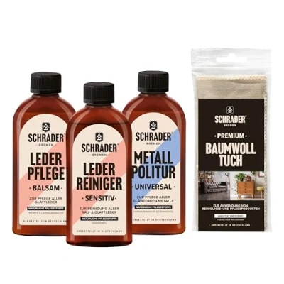 Abbildung von Schrader Autopflege Set Autoreinigung mit Lederpflege und Metallpolitur ideal für Motorrad &amp; Oldtimer 4 teilig Made in Germany