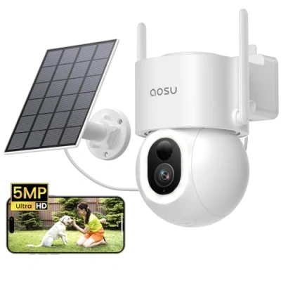 Abbildung von AOSU 3K 5MP Überwachungskamera Aussen Solar Akku, 360 PTZ, 2 in 1 Überwachung und Beleuchtung, AI Erkennung Person Auto Haustier Zaun, Licht &amp; Alarmton, Vollautomatisches Tracking, Farb Nachtsicht