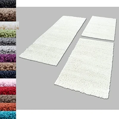 Abbildung von Carpettex Bettumrandung Schlafzimmer 3teilig Shaggy Teppich Hochflor Einfarbig Creme Bettset:2 mal 100x200 + 1 80x250 Bettvorleger Läuferset Weicher Flauschig