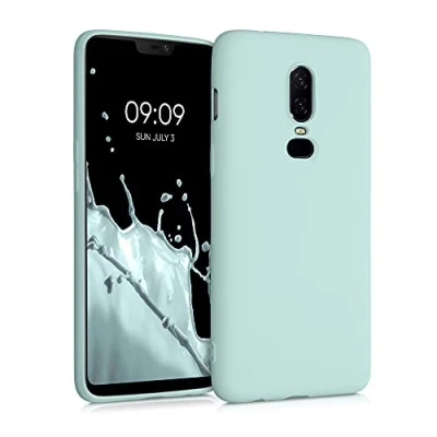 Abbildung von kwmobile Hülle kompatibel mit OnePlus 6 gummierte TPU Silikon Handyhülle Schutzhülle für kabelloses Laden Case in Cool Mint