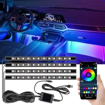 Abbildung von Led Innenbeleuchtung Auto, 4 Stück 48 LEDs Atmosphäre Licht, 5V RGB Ambientebeleuchtung USB Port Lichtleiste mit APP Steuerung, Mehrfarbig Musik Innenraumbeleuchtung für Auto