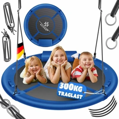 Abbildung von KESSER® Nestschaukel Tellerschaukel Hängeschaukel Rundschaukel Ø 120cm Schaukel bis 300kg belastbar mit Kissen &amp; 4 Griffen verstellbar Kinderschaukel Indoor Outdoor für Kinder Erwachsene Blau