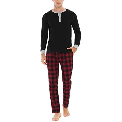 Abbildung von Doaraha Schlafanzug Herren Lang Winter Zweiteilige Nachtwäsche aus Baumwolle Rundhals Kariert Pyjama Set Männer