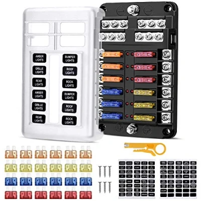 Abbildung von 12 Fach Sicherungshalter KFZ, 12V ATO Sicherungskasten Auto Sicherungsdose Sicherungsträger mit 24pcs Sicherungen und LED Anzeige Schutzabdeckung für Auto, Boot, Marine, SUV, Wohnmobil, LKW