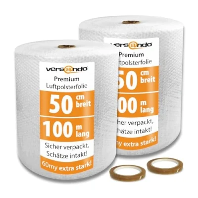 Abbildung von versando 2x Premium Luftpolsterfolie extra stark 100m x 0,5m Versand, Verpackung, Umzug Noppenfolie Bubble Wrap LPF Rolle und Klebeband 19mm 66m