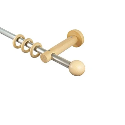 Abbildung von iso design Gardinenstangen 16 mm aus Metall und Holz Alu/Buche Endstück Kugel, 240 cm (2 x 120 cm)