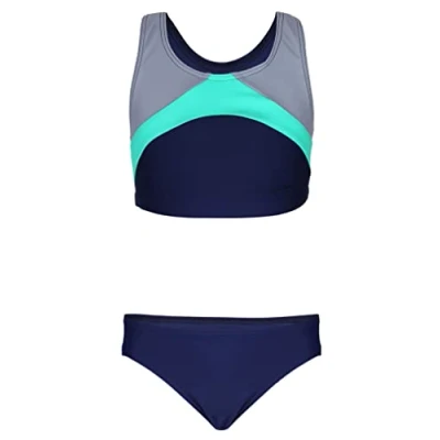 Abbildung von Aquarti Mädchen Sport Bikini Racerback Bustier &amp; Bikinislip, Farbe: Dunkelblau/Grau/Grün, Größe: 164