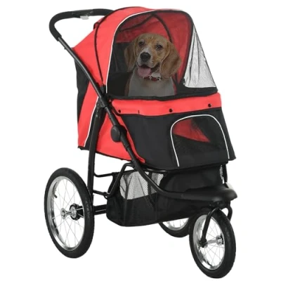 Abbildung von PawHut Hundewagen Hundebuggy klappbar für Hunde &amp; Katzen bis 20 kg Katzenbuggy mit geländegängige Gummiräder Kissen Netzfenstern Türen Katzenwagen Aufbewahrungskorb Buggy Rot
