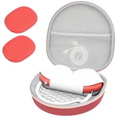 Abbildung von ProCase Kopfhörer Tasche Headphone Case für AirPods Max 2020 mit 2 Intelligenten Silikonabdeckungen, Reisetasche Tragetasche Headset Hülle Etui Rot