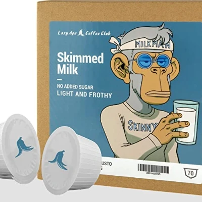 Abbildung von Magermilch KapseIn 70 Kapseln kompatibel mit Dolce Gusto®* Maschinen (MILCH NIEDRIG FETT, KEIN ZUCKER HINZUGEFÜGT, Kapseln, Tassen) Von Lazy Ape Coffee Club