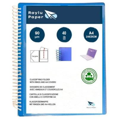 Abbildung von RAYLU PAPER Sortiermappe mit Ringen A4 Klarsichthüllen 90 Mikron und Umschlag Klettverschluss, personalisierbarer Deckel, 100% biologisch abbaubar (40 Hüllen, Blau)