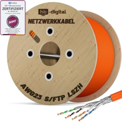 Abbildung von HB DIGITAL 250m CAT.7 Netzwerkkabel LAN Kabel Verlegekabel AWG 23 Reines Kupfer S/FTP PiMF LSZH Halogenfrei RoHS Compliant Ethernet Installationskabel Datenkabel PoE 10Gbit/s GHMT Zertifiziert Orange