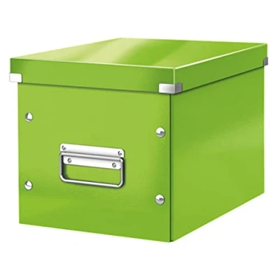 Abbildung von Leitz Click &amp; Store Aufbewahrungsbox mit Deckel Mittel Groß, Würfelbox für Regale im Wohnzimmer oder Büro, Transportbox aus 80 % recycelter Premium Hartpappe, Stabile Metallgriffe, Grün, 61090054