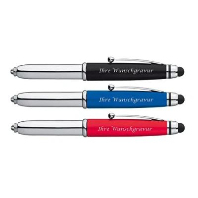 Abbildung von 3x LED Touchpen Kugelschreiber mit Gravur / Farbe: je 1x silber schwarz,rot,blau