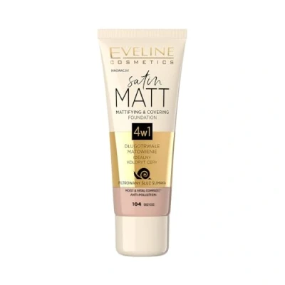 Abbildung von Eveline Cosmetics Satin Matt Mattierende und deckende Gesichtsgrundierung, 30 ml, Nr. 104 Beige