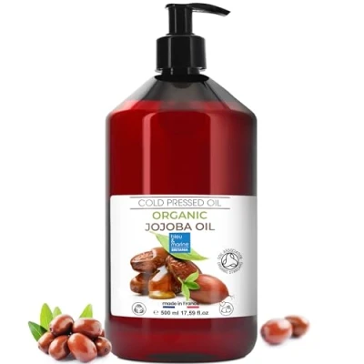 Abbildung von Jojobaöl Bio kaltgepresst: Reinigungsöl Gesicht, Haut, Haare, Nägel, Gesichtsöl, Körperöl, Anti Aging, Falten, Massageöl, Naturlich, Kosmetik, Bart und Haaröl 500 ml
