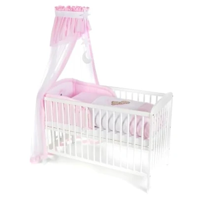 Abbildung von Babyhafen Komplettbett 60x120 Babybett Teddy &amp; Mond Kiefernholz in Grau Rosa Blau, Gitterbett inkl. Matratze, Himmel, Nestchen Bettwäsche
