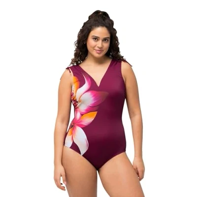 Abbildung von Ulla Popken Damen Petra, Geraffte Schulter Blüte 826508 Badeanzug, Rot, 42