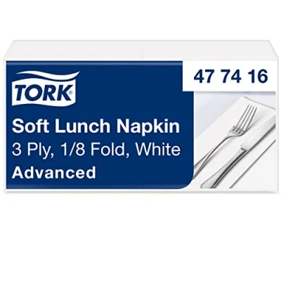 Abbildung von Tork Soft Lunchserviette Weiß, 1/8 Falz, 3 lagig, 33 cm x cm, 150 Servietten, 477416