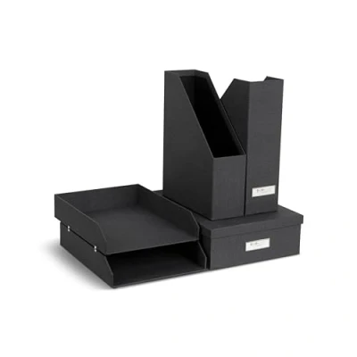 Abbildung von Bigso Box of Sweden HOLGER 5 teiliges Schreibtisch Set Ordnungssystem mit 2 Stehsammlern, Briefablagen und einer Organizer aus Faserplatte Papier in Leinenoptik schwarz
