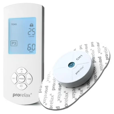 Abbildung von prorelax TENS/EMS Duo Comfort Wireless Kabelloses Elektrostimulationsgerät 2 Therapien mit einem Gerät Gegen chronische Schmerzen und zum Muskelaufbau Extra großes, beleuchtetes Display