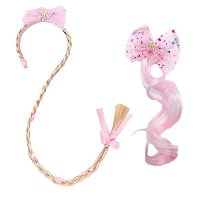 Abbildung von Hayaww 2 Pcs Haarreif Prinzessin Zopf, Rapunzel Stirnband PerüCke Verkleiden PerüCken MäDchen ZöPfe Geflochtene FüR Party Cosplay KostüM Mit Blume (Rosa)