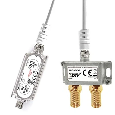 Abbildung von TronicXL Premium 2 Fach Antennenverteiler Splitter mit Sat Verstärker digital HD I für Satellit TV DVBT DVBS Unicable 3D 4K HDTV Verteiler Weiche Inline Fernseher (2 Silber)